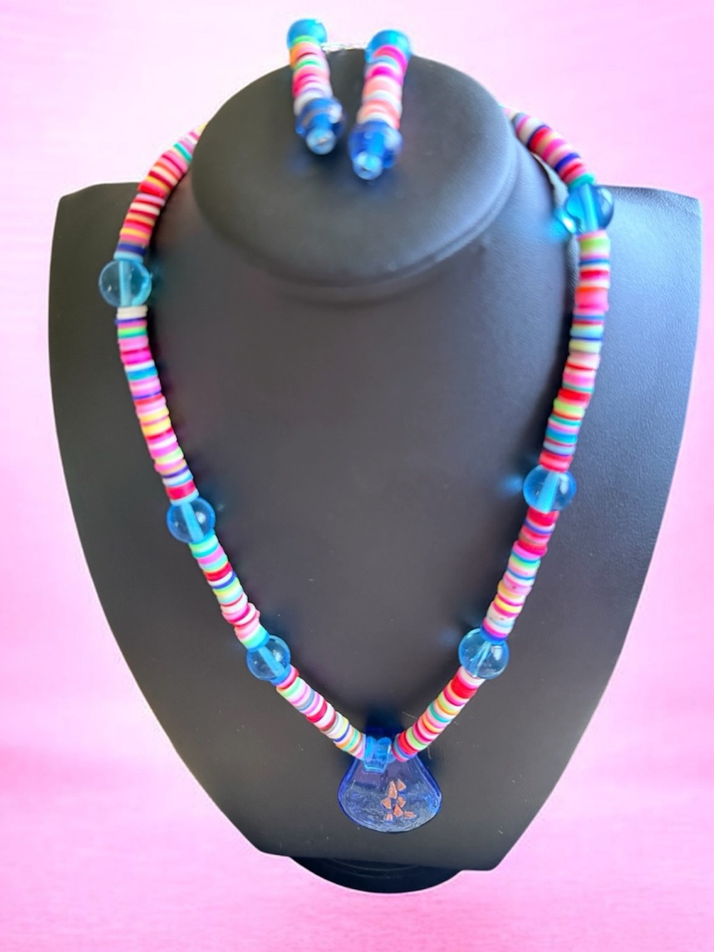 Colorful Blue & Multicolor Bead Necklace and Earring Set